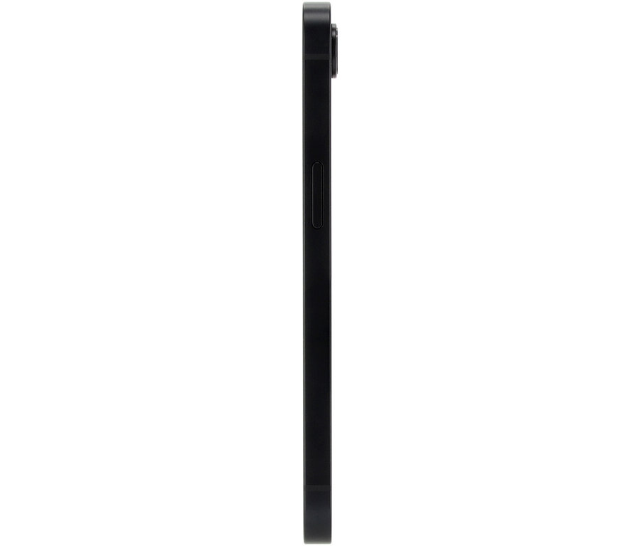 Seitenansicht eines schwarzen Smartphones. Zu sehen ist ein Apple iPhone 16e 128 GB in Schwarz.