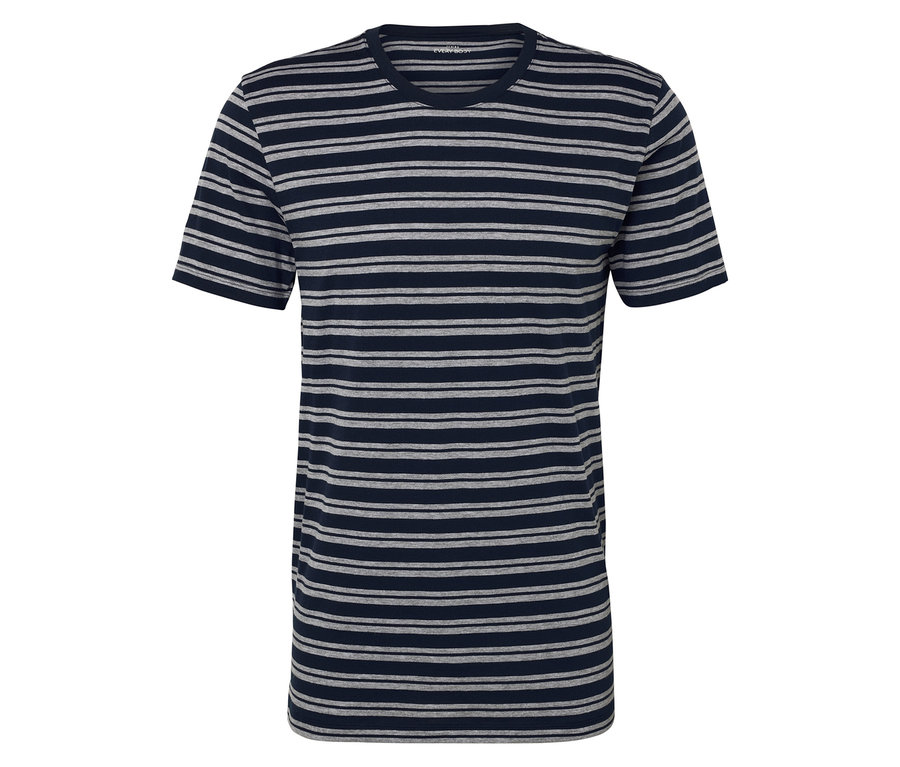 Ein kurzärmeliges T-Shirt in Dunkelblau und Grau mit horizontalen Streifen.