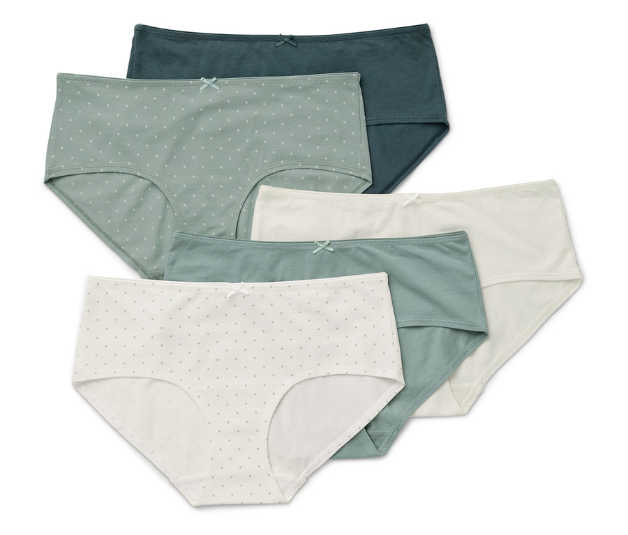 Ein Set aus sechs Damen Slips in verschiedenen Farben und Mustern.