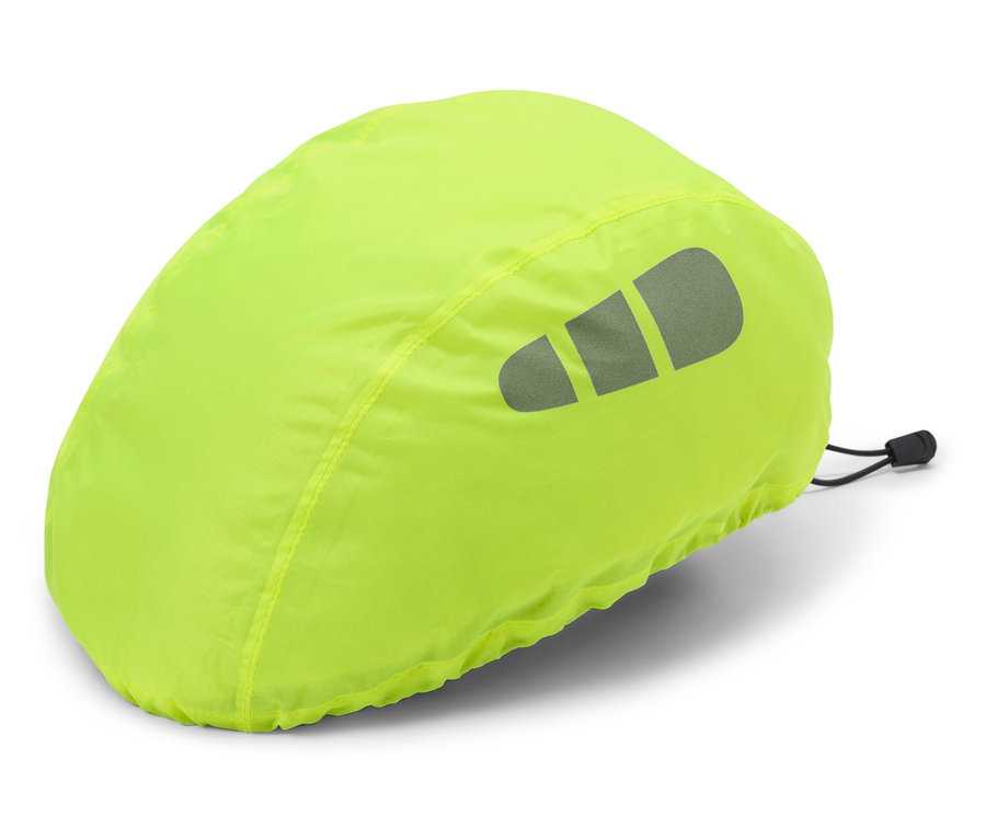 Ein gelbgrüner Bezug mit reflektierendem Logo auf weißem Hintergrund.