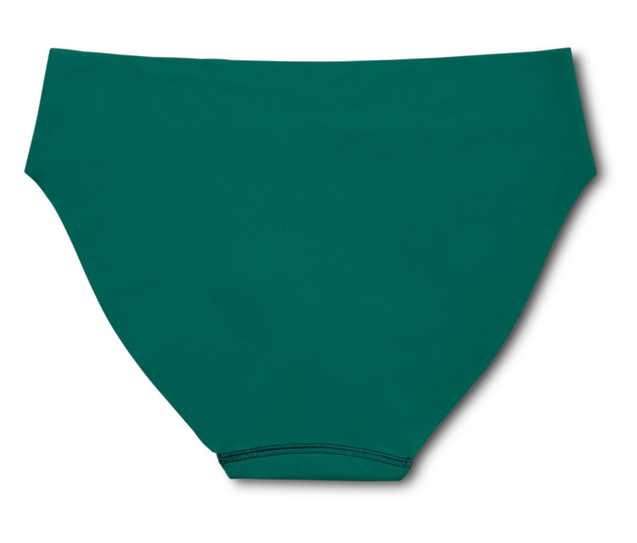 Ein smaragdgrüner Bikini-Slip liegt auf einem weißen Hintergrund.