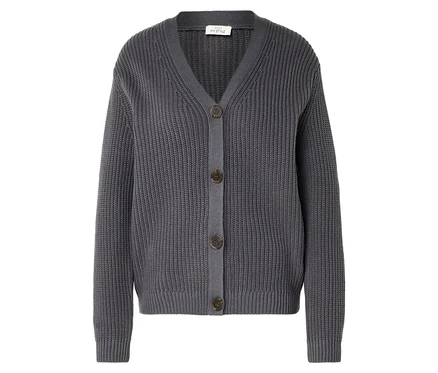 Graue Strickjacke mit V-Ausschnitt und vier Knöpfen.