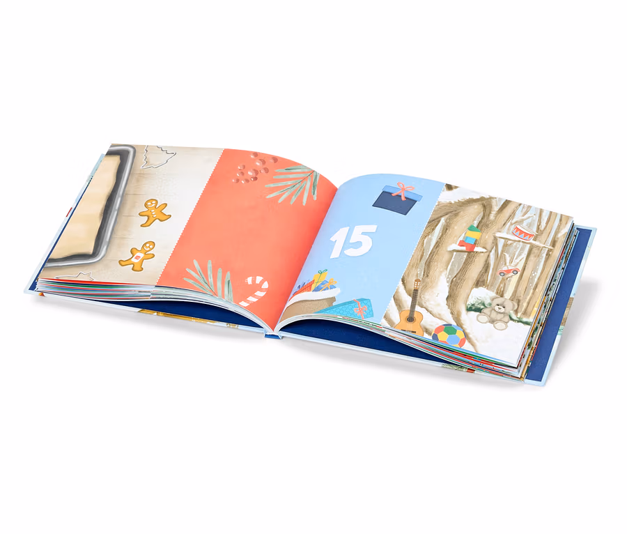 Aufgeschlagenes Buch mit Weihnachtsmotiven, links eine Ofen- und Lebkuchenmann-Illustration, rechts die Zahl 15 mit Winterwald-Szene.