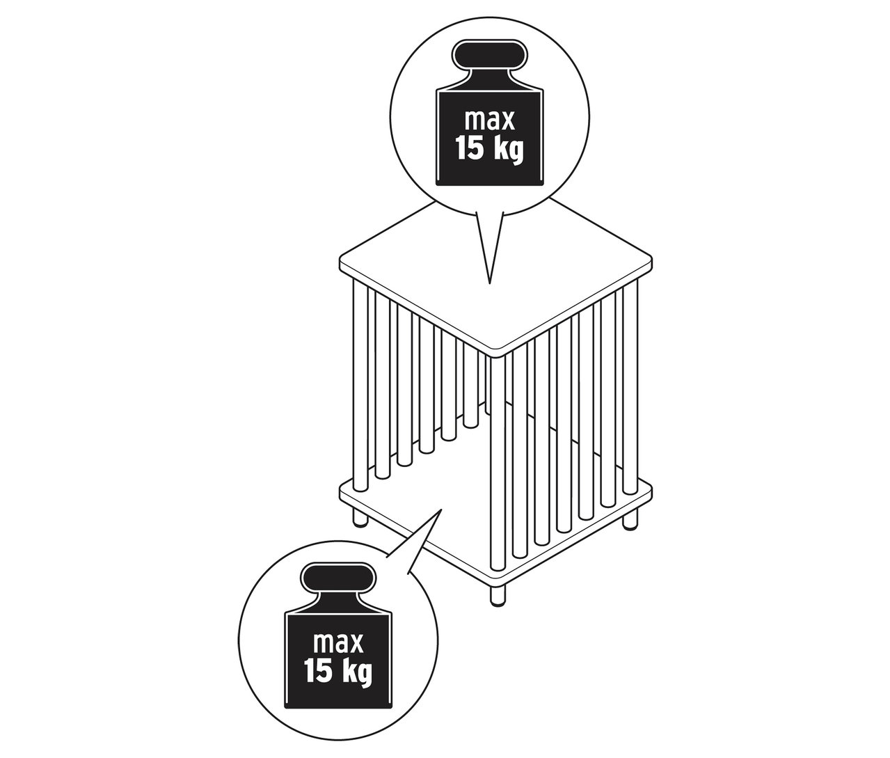 Draufsicht eines dekorativen Beistelltisches, bestehend aus einer quadratischen Platte und einem Käfig aus vertikalen Stäben. Zwei Gewichte mit der Aufschrift "max 15 kg" sind dargestellt.