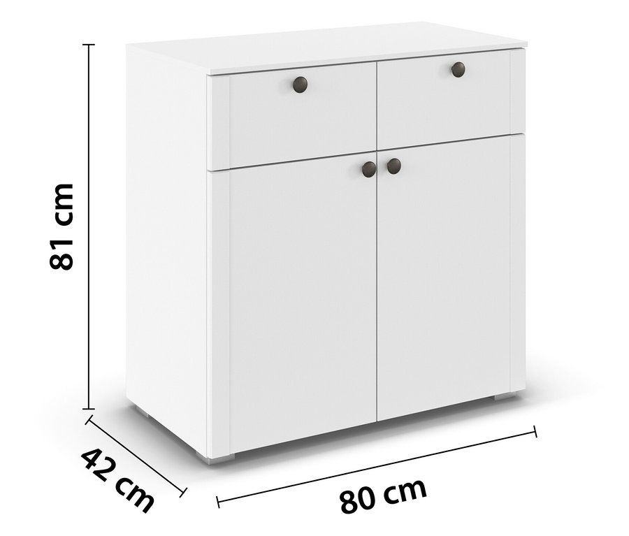 Weißer Schrank mit zwei Schubladen und zwei Türen, Maße 81x80x42 cm.