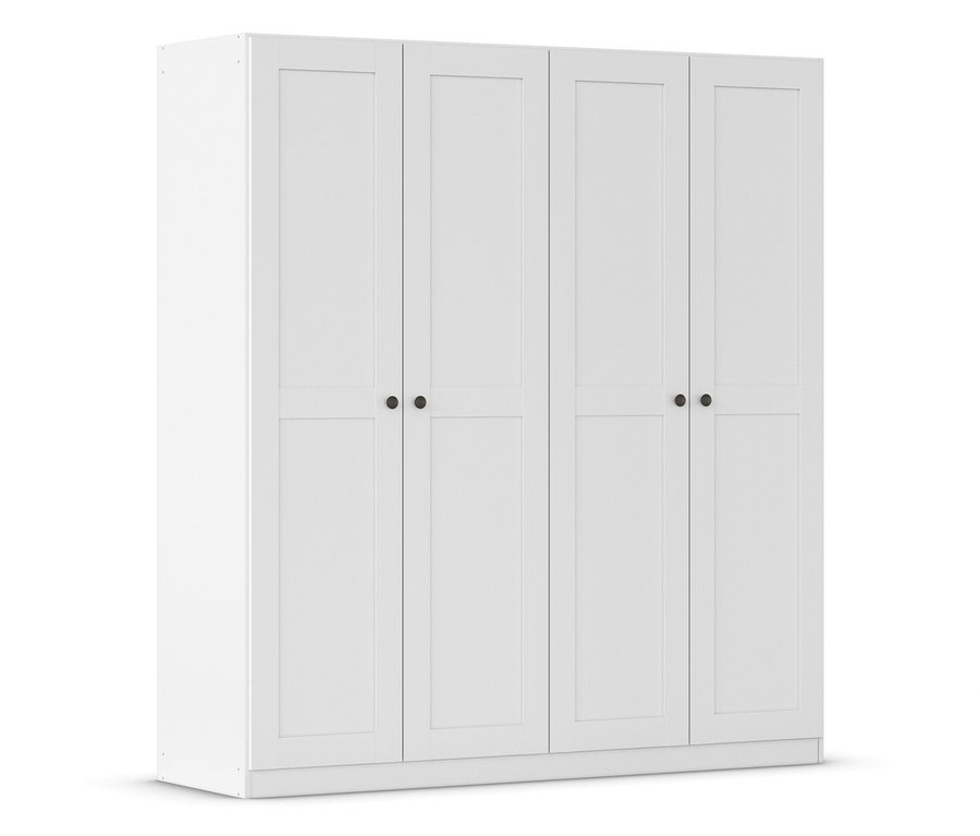 Ein großer, weißer Kleiderschrank mit vier Türen und schwarzen Griffen steht vor einem weißen Hintergrund.