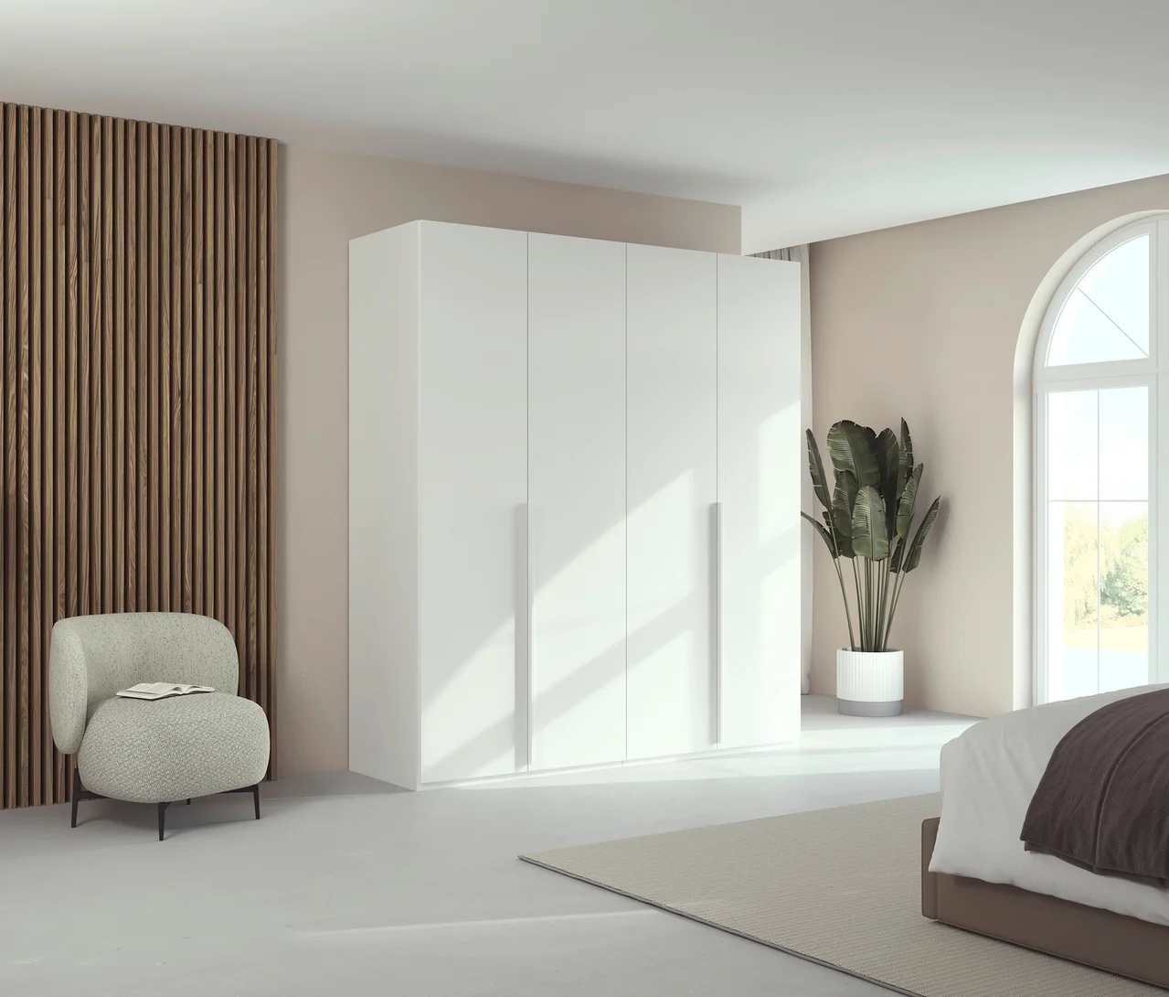 Ein Zimmer zeigt einen weißen Schrank, einen Sessel mit Buch, eine Zimmerpflanze und ein Bett.