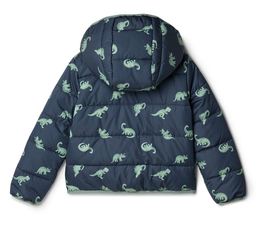 Dunkelblaue, gesteppte Jacke mit Kapuze und hellgrünem Dinosaurier-Muster, von hinten fotografiert.