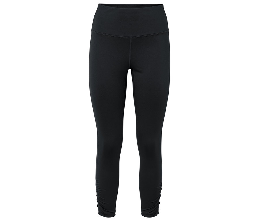 Schwarze Leggings mit gerafftem Detail am Saum.