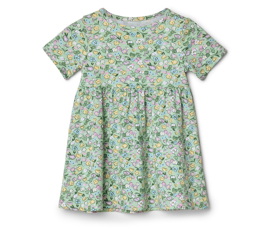 Ein grünes, kurzärmeliges Kleid mit einem Blumenmuster in Gelb, Blau und Rosa.