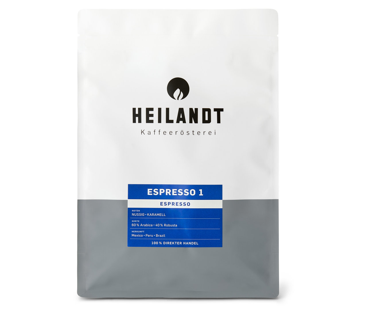 Weiße Verpackung von Heilandt Espresso 1 - 1 kg Ganze Bohne, mit blauem Etikett.
