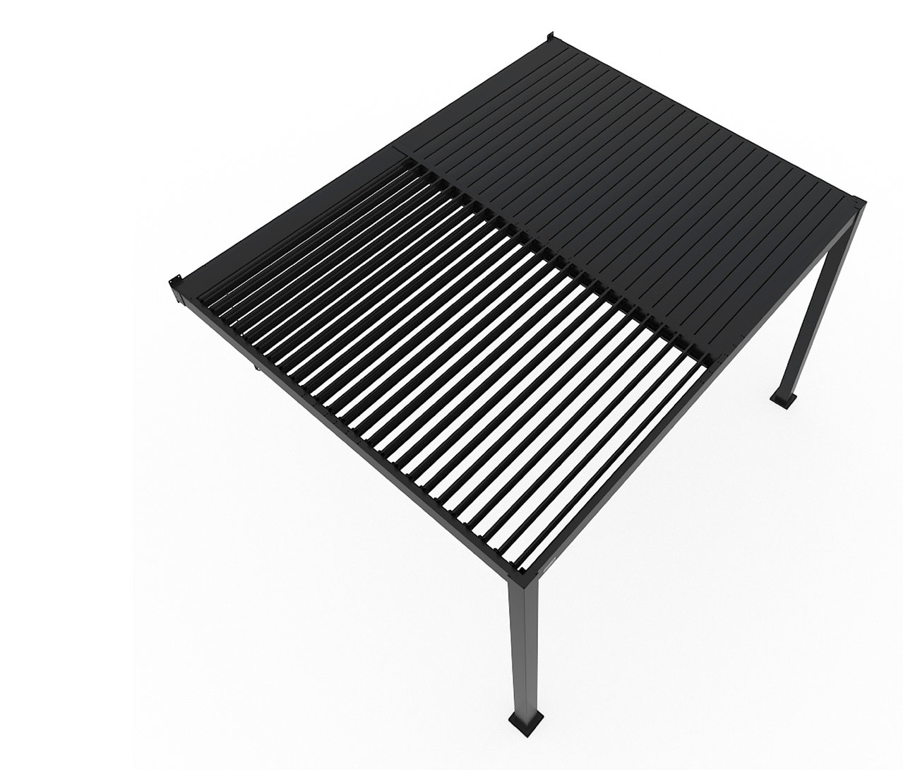 Draufsicht einer schwarzen Pergola mit teilweise geschlossener Lamellenabdeckung.
