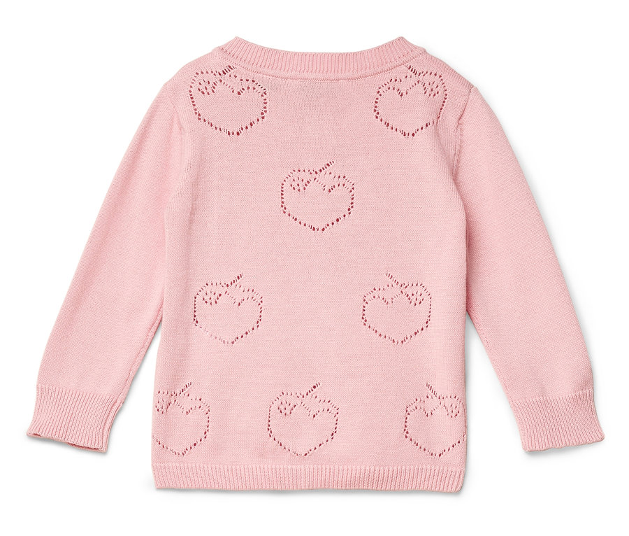 Rosa Strickjacke mit Lochmuster in Apfelform.
