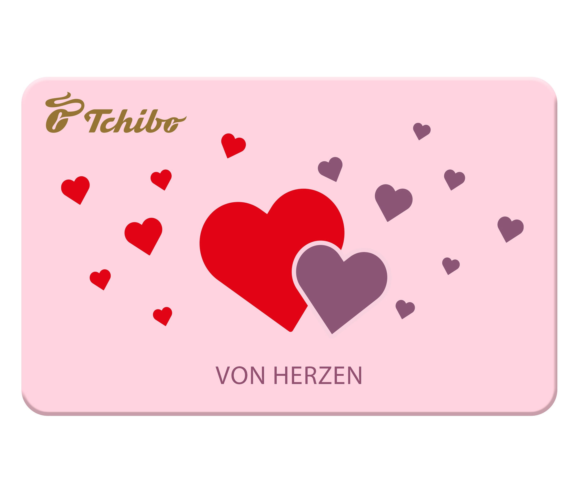 Eine rosafarbene PDF Geschenkkarte Herz DE26 mit roten und lilafarbenen Herzen ist zu sehen.