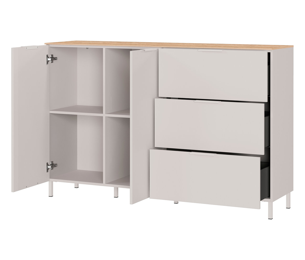 Geöffnetes Sideboard »Savoca«, Kaschmir/Eiche mit Regalfächern und Schubladen.