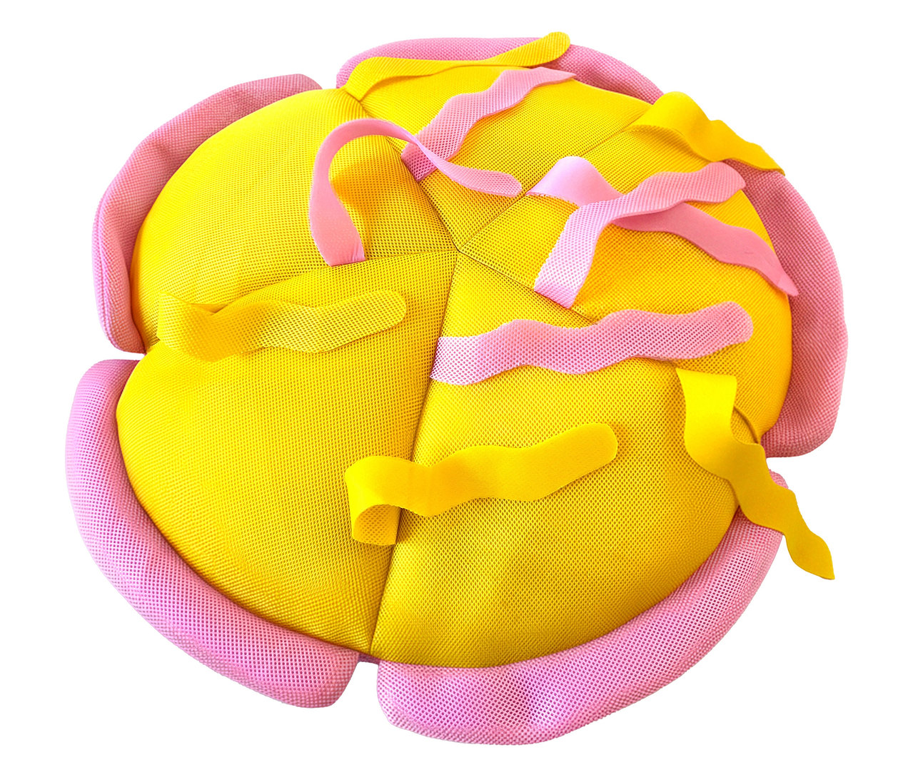 Gelber Ball mit rosa Rand und gelben und rosa Bändern.