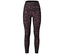 Eine schwarze Leggings mit hohem Bund und einem Muster aus rosa und grauen Flecken ist zu sehen.