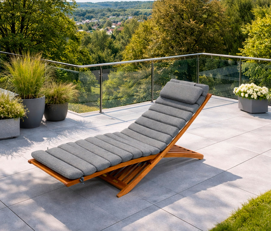 Eine Leco Sonnenliege mit grauer Polsterung steht auf einer Terrasse mit Blick auf Bäume.