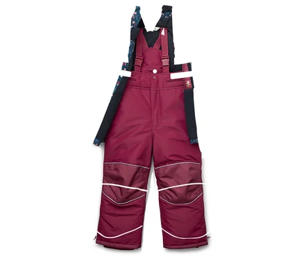 2-teilige Kinder-Schneekombi mit dunkelblauer Jacke mit Blumenmuster und dunkelroter Latzhose.