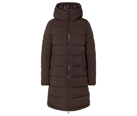 Bräunliche, lange Steppjacke mit Kapuze und Reißverschluss vorne.