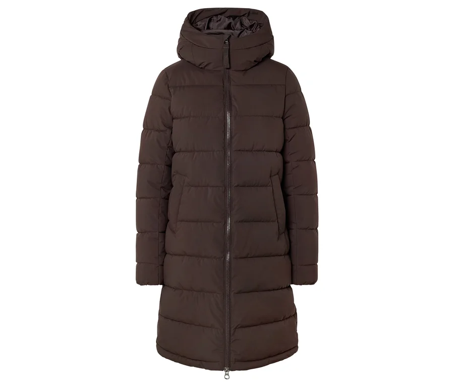 Bräunliche, lange Steppjacke mit Kapuze und Reißverschluss vorne.