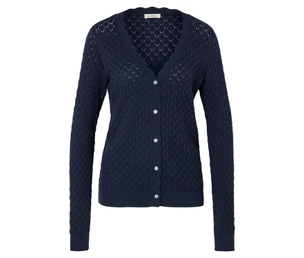 Marineblaue Strickjacke mit V-Ausschnitt und Knöpfen.
