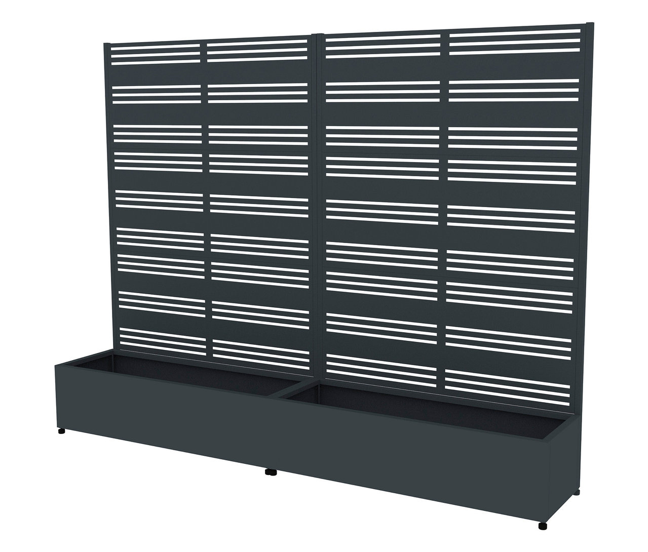 Grauer Sichtschutz mit horizontalen Linien und integriertem Pflanzkasten.