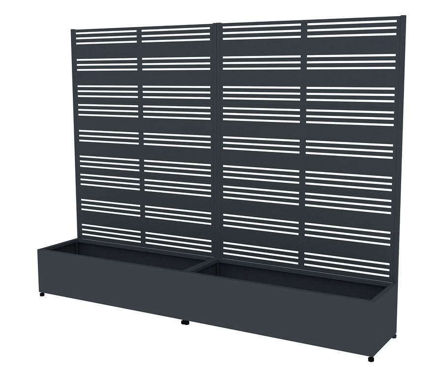 Grauer Sichtschutz mit horizontalen Linien und integriertem Pflanzkasten.