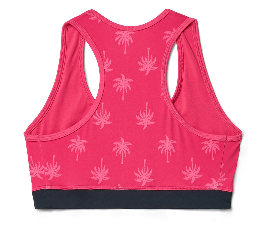 Rückansicht eines pinkfarbenen Sport-BHs mit Palmenmuster und grauem Bund.