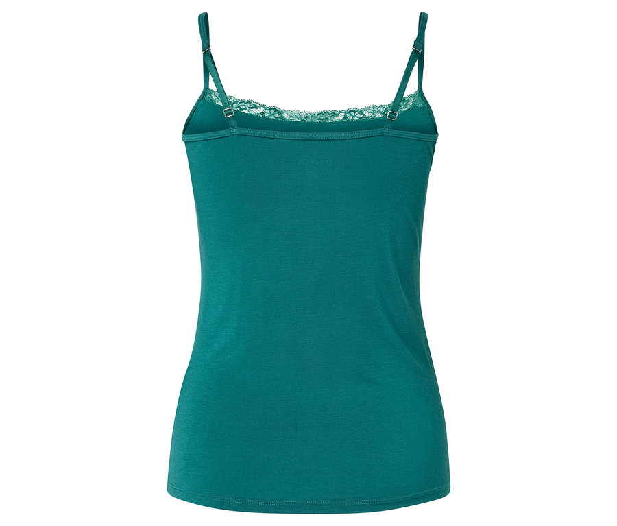 Rückansicht eines türkisfarbenen Tanktops mit Spitze am Ausschnitt und verstellbaren Trägern.