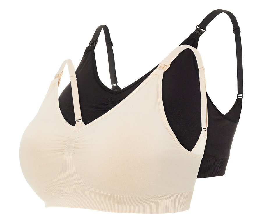 Zwei MAMALICIOUS MLILJA FEED ME BRA 2-P NOOS Still-BHs in Beige und Schwarz übereinander.
