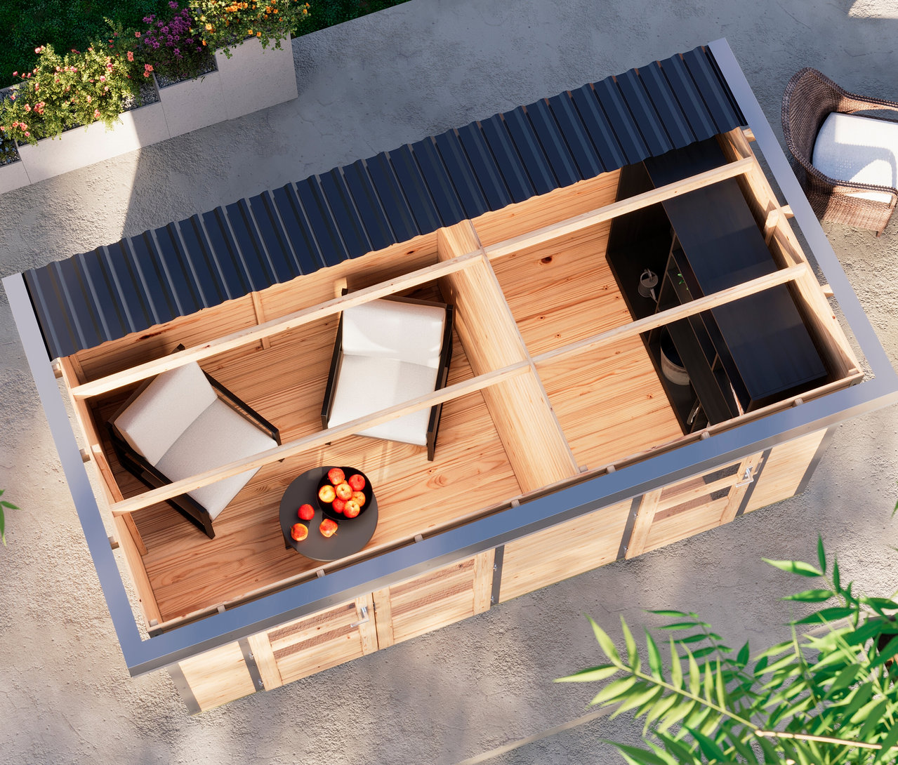 Draufsicht auf ein Karibu Gerätehaus »Mars« mit zwei Räumen, Metalldach und naturfarbenem Holz. Zwei Stühle und ein Tisch mit Obst stehen im Raum.
