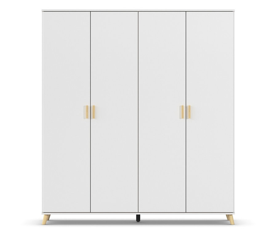 Weißer Schrank mit vier Türen und goldenen Griffen.