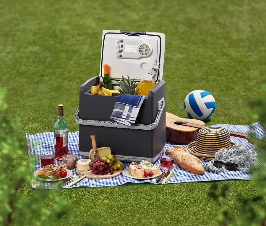 Ein Picknick auf grünem Gras mit einer geöffneten AEG Kühlbox »KK 28«, gefüllt mit Ananas, Bananen und Saft. Auf der blau-weiß karierten Decke liegen Wein, Käse, Brot, Sandwiches, eine Gitarre und ein Volleyball.