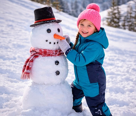 Lächelndes Mädchen in blauem Schneeanzug und pinker Mütze steckt einem Schneemann mit Zylinder und Schal eine Karottennase an.