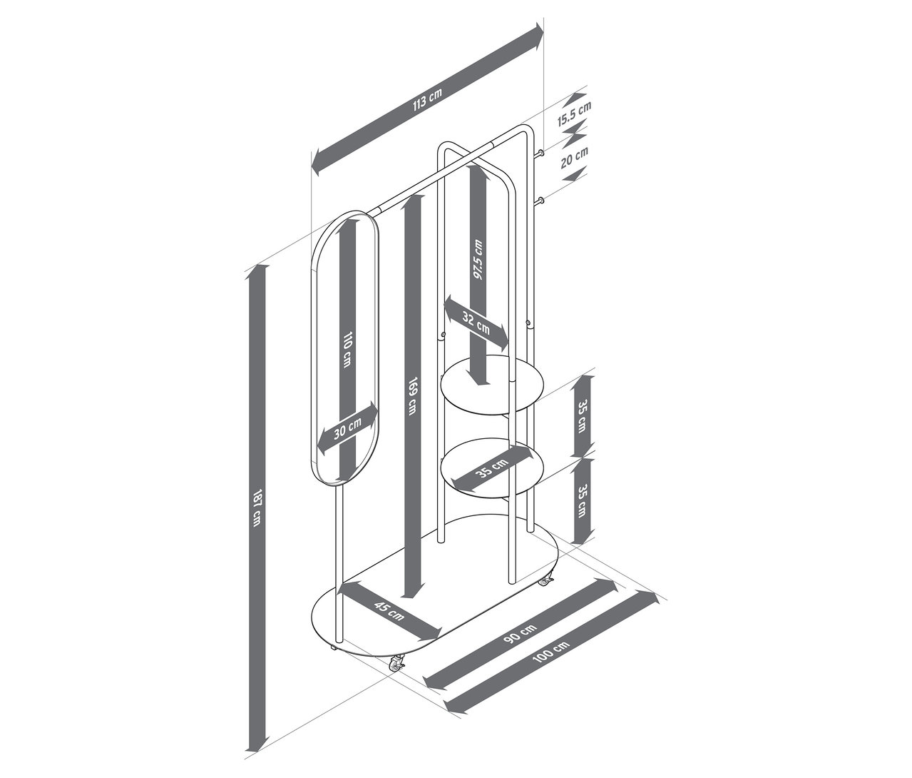 Abbildung einer Standgarderobe auf Rollen mit großem Spiegel und Maßangaben.
