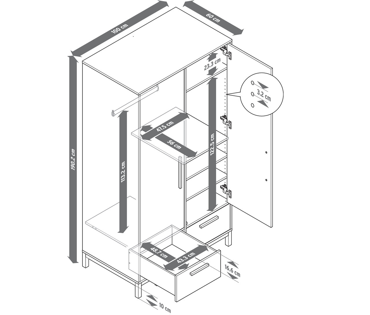 Abbildung des Kleiderschranks »Eklund« mit Schubladen und Bemaßung.