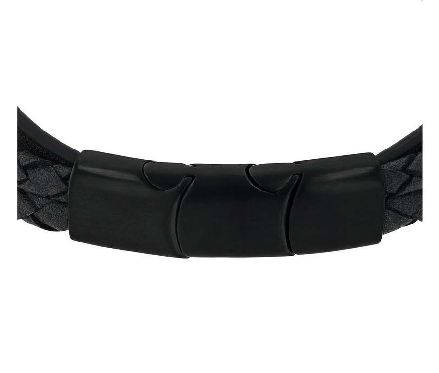 Detailansicht eines schwarzen geflochtenen Lederarmbands mit einem mattschwarzen Magnetverschluss.