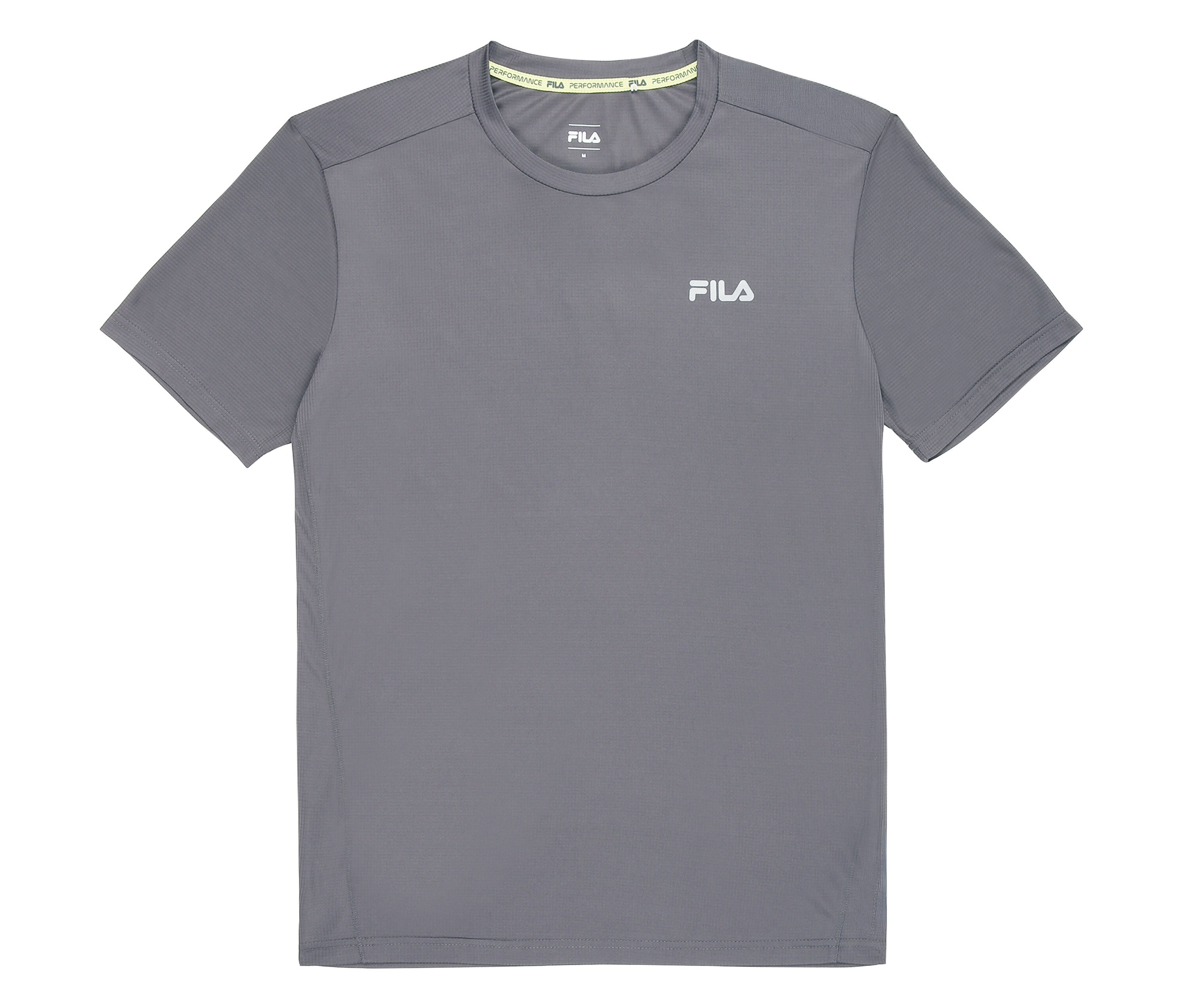 Graues FILA Herren-Funktionsshirt mit kurzem Arm und Logo auf der Brust.