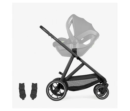 Schwarzer Hauck Kombi-Kinderwagen »Grow N Care Set« mit Babyschale und zwei Adaptern daneben.