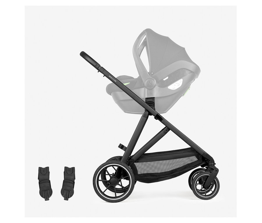 Schwarzer Hauck Kombi-Kinderwagen »Grow N Care Set« mit Babyschale und zwei Adaptern daneben.