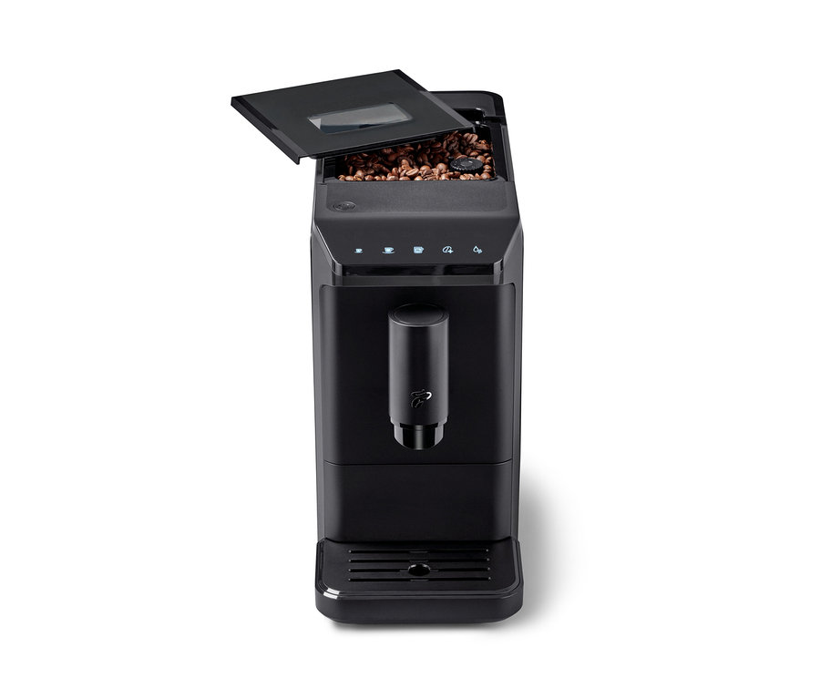 Schwarzer »Esperto mini« Kaffeevollautomat, Black mit offenem Bohnenbehälter.