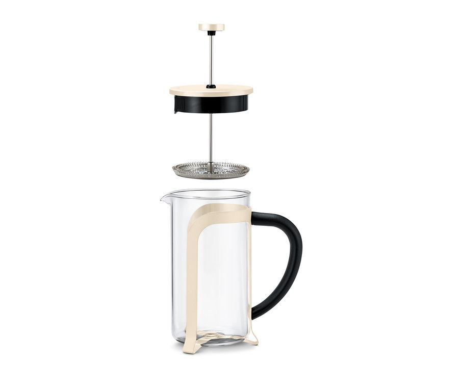 Eine Siebstempelkanne (800 ml, 6 Tassen) in freundlichem Beige ist zerlegt.