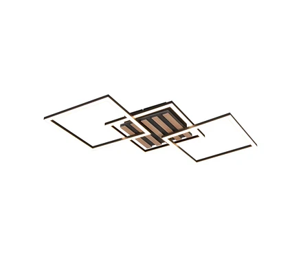 Reality LED-Deckenleuchte Zaro mit geometrischem Design, schwarzen Rahmen, beleuchteten weißen Quadraten und zentralen Holz-Akzenten.