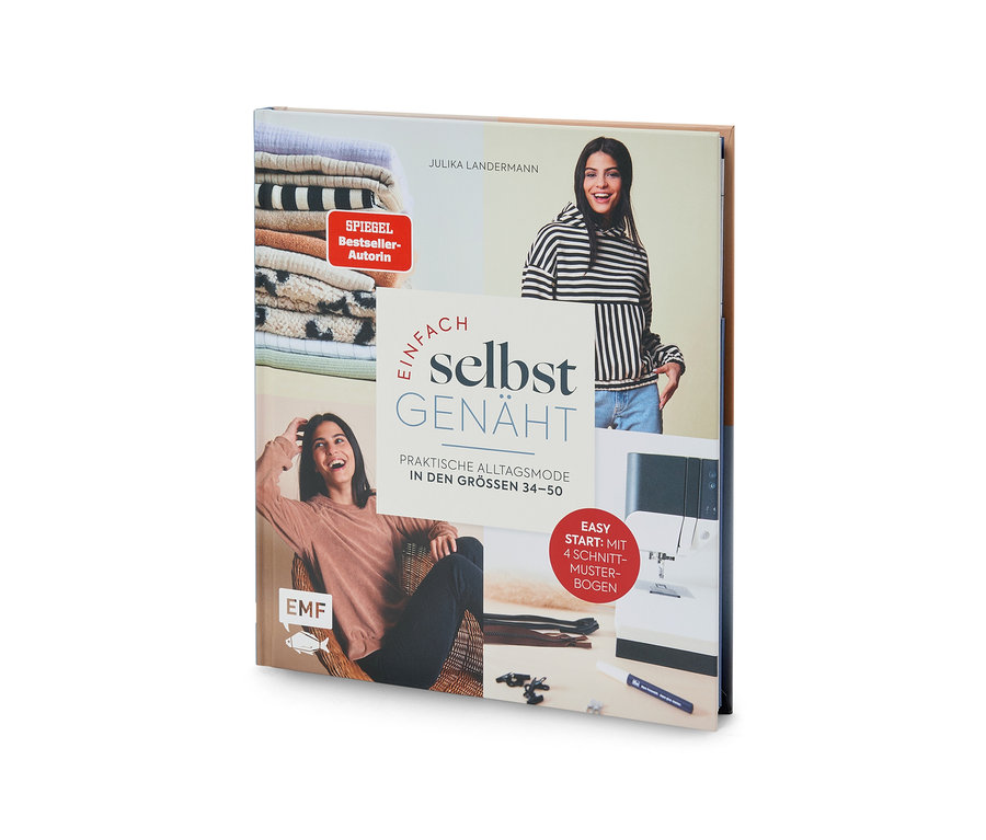 Buchcover für 'Einfach selbst GENÄHT: Praktische Alltagsmode in den Größen 34-50' von Julika Landermann. Das Cover zeigt eine Collage mit Stoffen, der Autorin in gestreiftem und braunem Oberteil, sowie einer Nähmaschine mit Zubehör, mit dem Hinweis 'Easy Start: Mit 4 Schnitt-Muster-Bogen'.