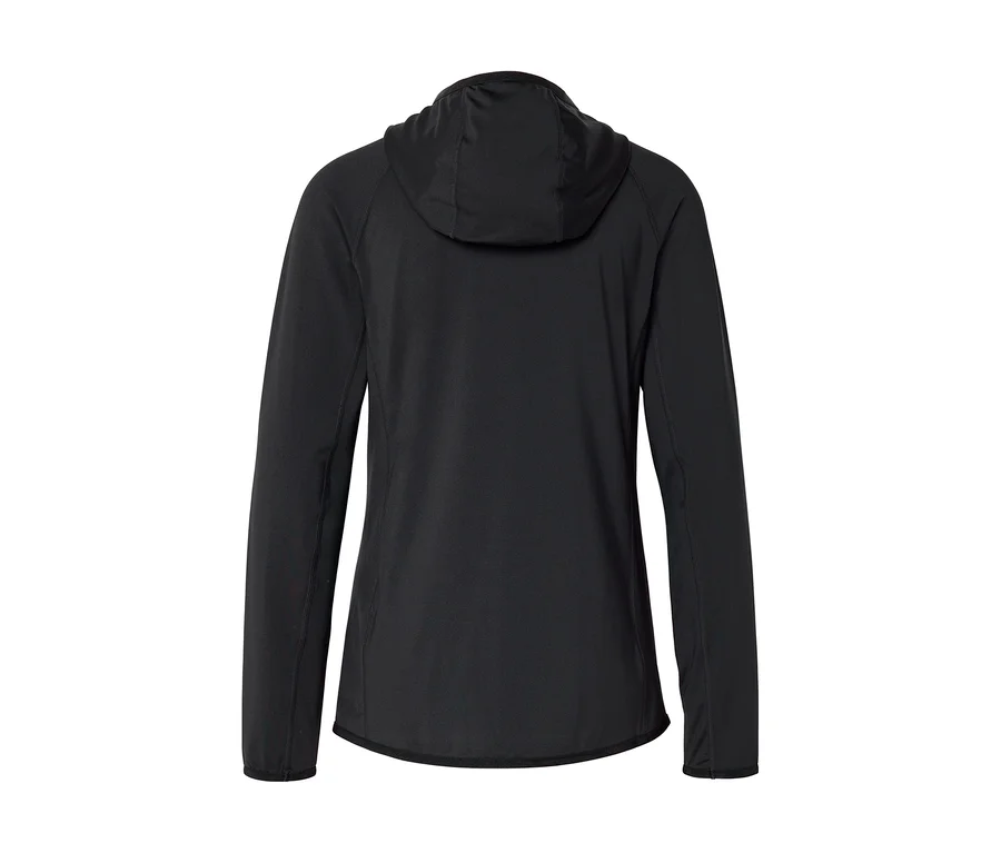 Schwarze Kapuzenjacke von hinten, mit langen Ärmeln und einer eng anliegenden Kapuze.