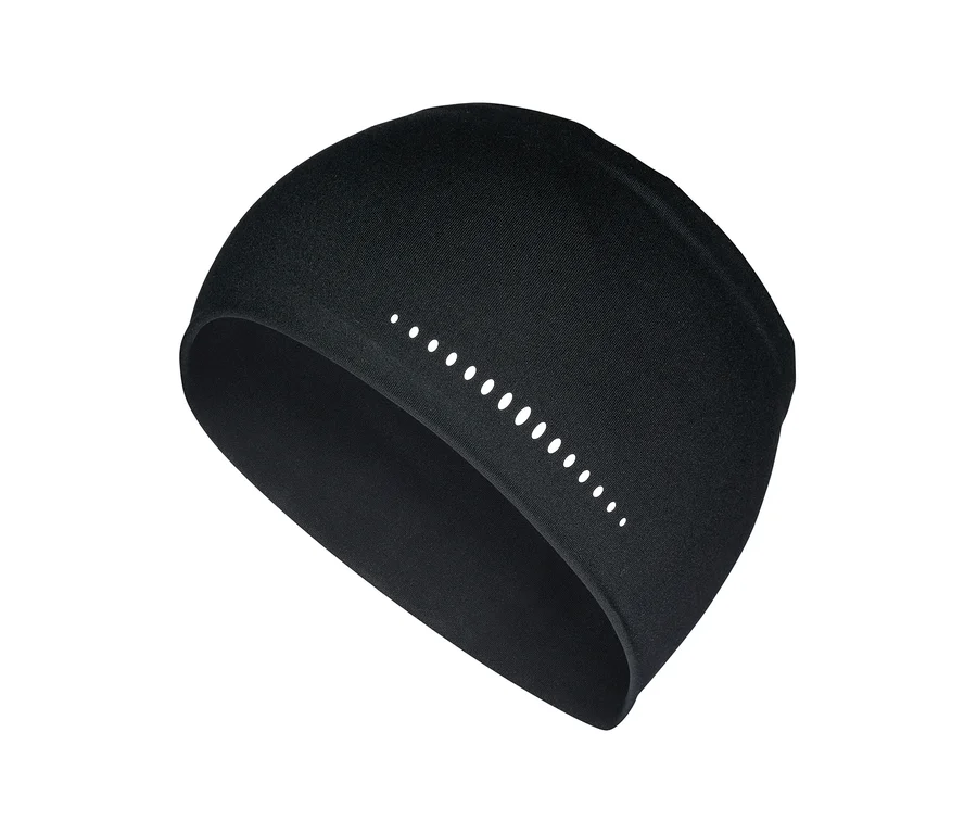 Schwarzes Sportstirnband mit einer Reihe kleiner weißer reflektierender Punkte.