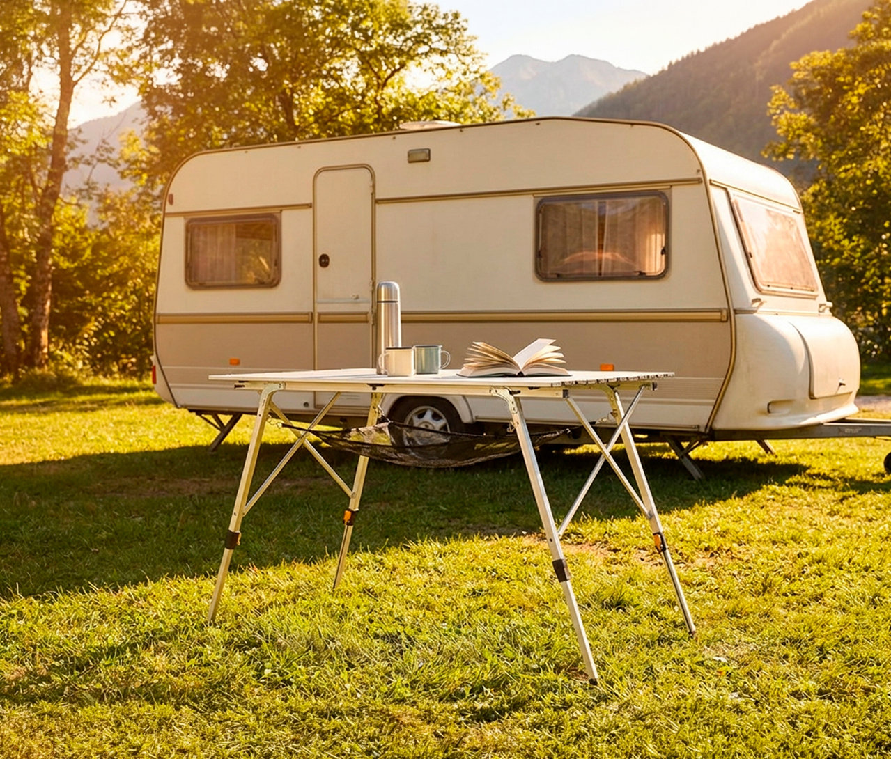 Ein Faltbarer Campingtisch steht vor einem Wohnwagen auf einer sonnigen Wiese mit Bergen im Hintergrund. Auf dem Tisch liegen ein Buch, eine Thermoskanne und zwei Tassen.