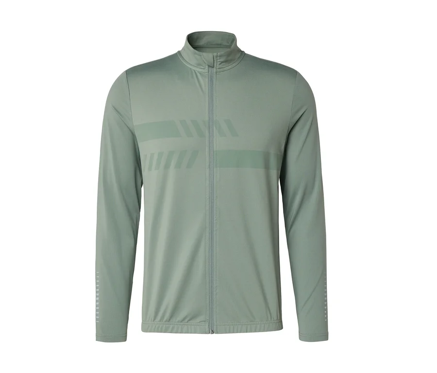 Hellgrüne Langarm-Sportjacke mit Stehkragen und durchgehendem Reißverschluss, mit dunkleren Streifenmustern auf der Brust und den Ärmelbündchen.