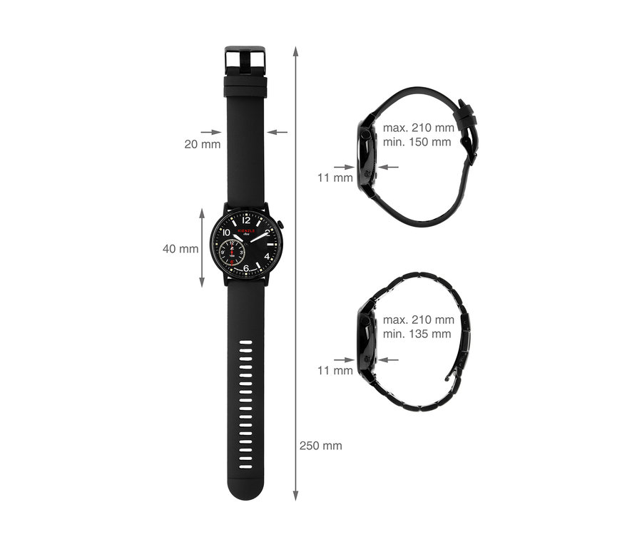 Schwarze Kienzle Uhr »Active Motion« mit schwarzem Armband und Zifferblatt, detailliert mit Maßen. Die Uhr hat einen Durchmesser von 40 mm, ist 11 mm dick und hat ein 20 mm breites Armband. Die Gesamtlänge beträgt 250 mm und passt Handgelenken von 150-210 mm. Eine Version mit Metallarmband passt Handgelenken von 135-210 mm.